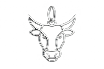 Silver bull pendant isolated on a transparent background, shiny jewelry