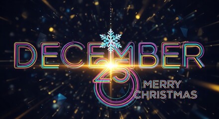Vibrant december 25 merry christmas text with glowing lights and snowflake on dark background, creative and modern holiday design