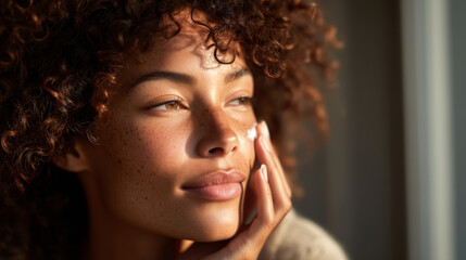 Young woman of African descent with curly hair applying a white cream to her face with fingers standing near window. Healthy glowing skin. Generative AI