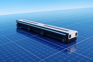 Futuristic solar panel cleaning robot with white light streak on blue panels under bright sky