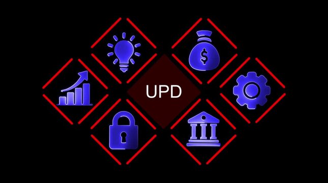 U P D concept graphic with glowing blue icons for business growth finance security innovation and law on black background with red neon frame