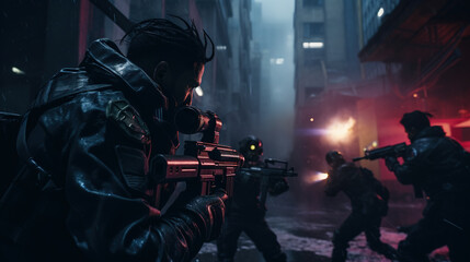 Armed futuristic soldiers in heavy armor patrol neon-lit rainy cyberpunk city street at night