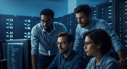 Diverse tech team collaborating intensely on complex data analysis in a modern server room environment
