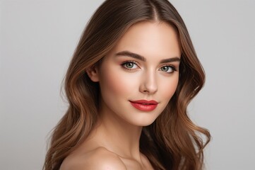 Fototapeta premium Portrait of young woman with soft waves in hair, natural makeup featuring red lips, flawless complexion, and striking green eyes against a light neutral backdrop.