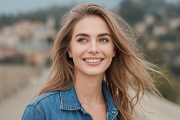 Fototapeta premium Close-up portrait of a smiling young woman with long hair wearing a denim jacket, outdoors with a blurred background, conveying happiness and casual style.