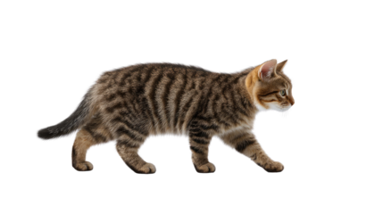 The Stroll of a Young Feline: A charming tabby cat with sleek fur embarks on a leisurely walk, its focused gaze and graceful posture exuding curiosity and poise. 