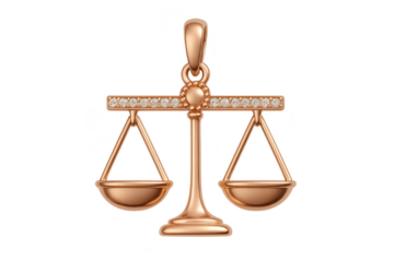 Golden scales of justice pendant isolated on transparent background, law symbol