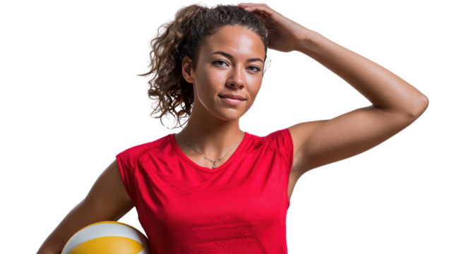 Volleyball Player with Ball: A young, athletic volleyball player poses confidently, holding the ball, ready for action. She is the epitome of health and fitness