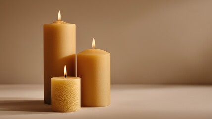 Three burning pillar candles of varying heights arranged on a beige textile surface with warm neutral background for a minimalist cozy still life home decor concept