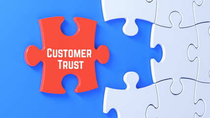 Fototapeta premium Red Puzzle Piece with Customer Trust Text Completing White Jigsaw on Blue Background