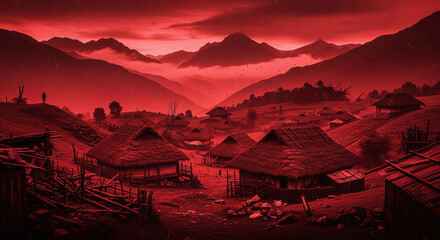 Obraz premium Mysterious red hued mountain village under dramatic fiery skies evokes ancient folklore and fantasy worlds