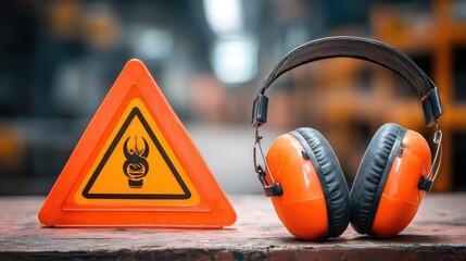 Safety Gear on Workplace Table with Caution Sign and Hearing Protection Headphones for Industrial Environment