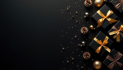 Christmas composition with gift boxes, pinecones, ornaments, and fir branches on a black background