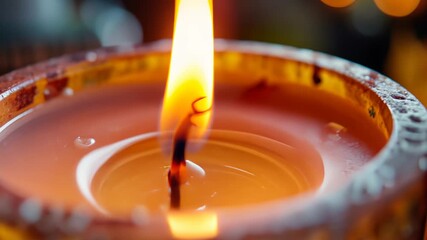Flickering candle flame melting wax in warm ambient setting - Powered by Adobe