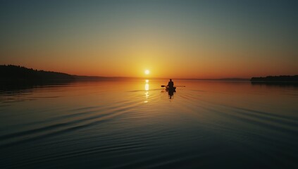 Lone kayaker paddles across calm water during golden sunset