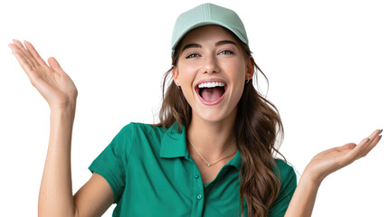 Delighted Woman in Green: A radiant young woman, beaming with pure happiness, extends her arms in an expression of joy and enthusiasm, wearing a green cap and polo shirt.