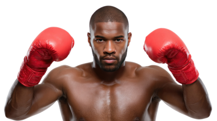 Champion's Stance: A muscular boxer, eyes locked in focus, stands ready with gloved hands raised, a testament to strength and determination.