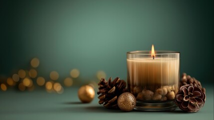 A glowing candle in a glass holder surrounded by pine cones and golden decor on a soft fabric, creating a warm festive atmosphere for winter celebration
