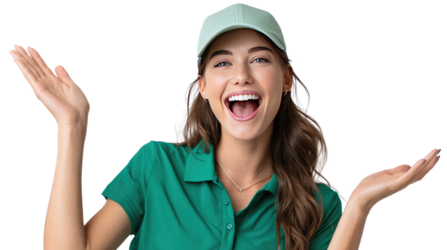 Delighted Woman in Green: A radiant young woman, beaming with pure happiness, extends her arms in an expression of joy and enthusiasm, wearing a green cap and polo shirt.