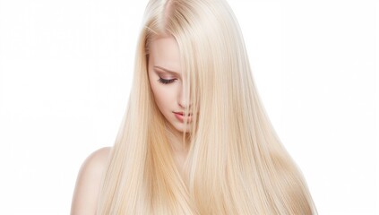 Fototapeta premium Long straight blonde hair cascading over a model's shoulders with a natural sheen while the model's face is partially obscured in a white background setting.