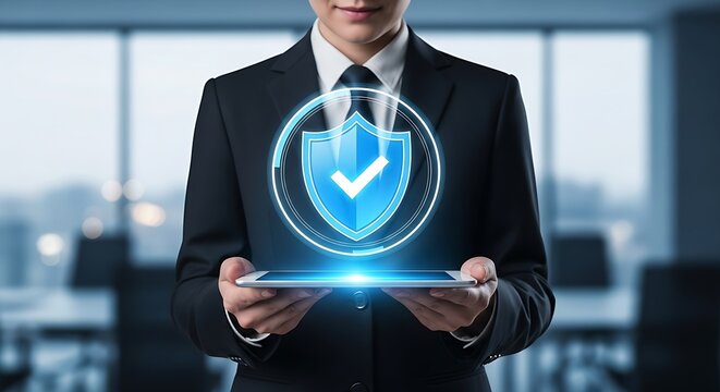 Professional Holding Tablet Displaying Glowing Digital Security Shield Icon