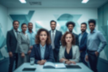 Obraz premium Blurred image of diverse business team in modern office setting with two women at the forefront and several men in the background, all dressed in professional attire, demonstrating collaboration an...
