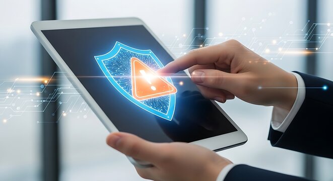 Hands Interacting with Tablet Displaying Digital Security Alert