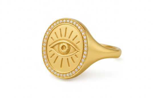 Gold ring with eye symbol and diamond accents isolated on transparent backdrop