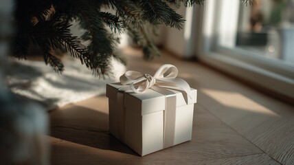White gift box with ribbon bow under pine Christmas tree in natural morning sunlight indoors