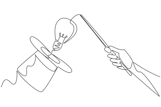 Single continuous line drawing hand holds magic wand and points it at magic hat emits a lightbulb. Performances add value to creativity. National Creativity Day. One line design vector illustration