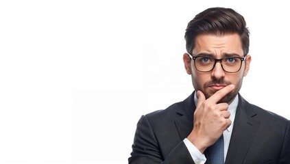 Portrait of a handsome businessman wearing a suit and glasses looking serious while thinking with a stressful facial expression against a white background with ample copy space
