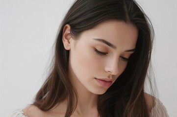 Naklejka premium brunette woman with long hair and no makeup looking downward against a plain white background showcasing natural beauty and simplicity