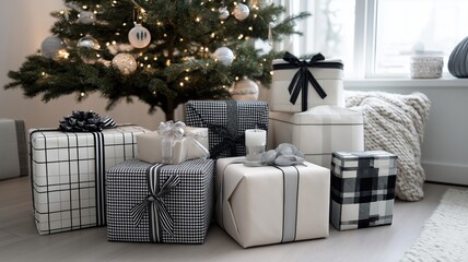 Minimalist Scandinavian Christmas gifts in monochrome black and white wrapping with ornaments under pine tree
