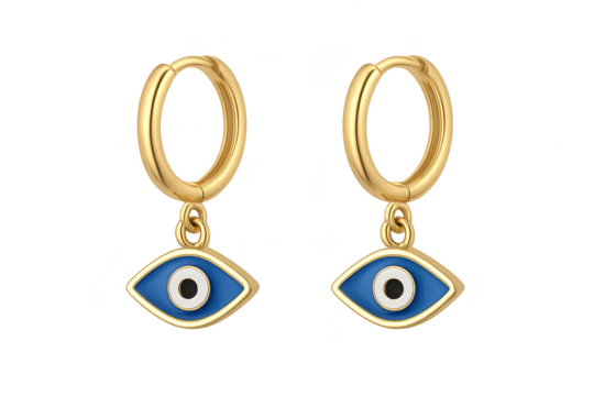 Luxury gold earrings with blue evil eye pendants isolated on transparent background.
