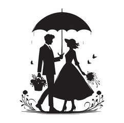 A Romantic couple holding umbrella silhouette and Vector