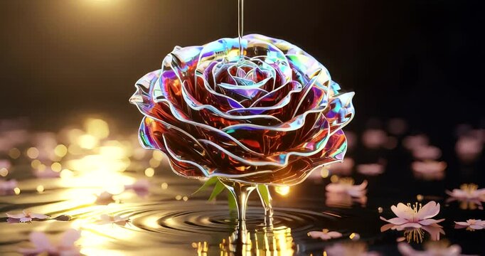 A stunning glass rose pendant dripping with colorful liquid above a serene pond