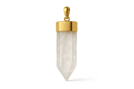 Elegant clear quartz crystal pendant with golden bail, isolated with transparent background