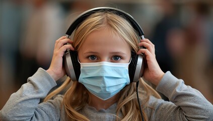Child wearing headphones and a face mask listens to music indoors during a pandemic, highlighting themes of isolation and social distancing in a modern context.