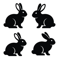 Four black silhouette rabbits sitting and facing different directions charming easter spring animal icons for design projects and celebrations silhouette