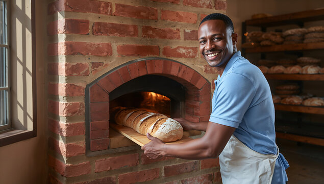 Smiling baker placing freshly baked bread loaf into rustic brick oven inside traditional bakery shop