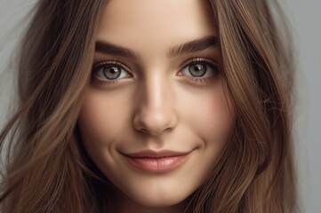 Naklejka premium Close-up portrait of young attractive female with long dark brown hair and natural makeup, displaying big expressive eyes and a gentle smile against a neutral background.