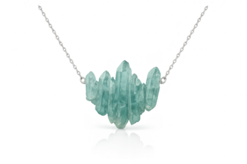 Isolated crystal necklace on transparent backdrop, aquamarine pendant design