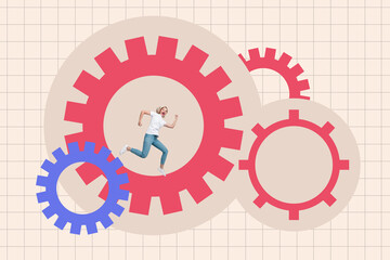 Creative art poster banner 3d collage photo of happy businesswoman run gearwheel optimization...