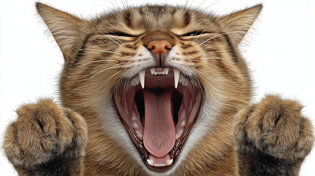 Angry cat yawning close-up on white background. Perfect for pet posters, memes, and advertising concepts.