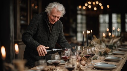 An elderly man pouring red wine at a festive candlelit dinner table in a rustic home interior with Christmas decorations, expecting guests
