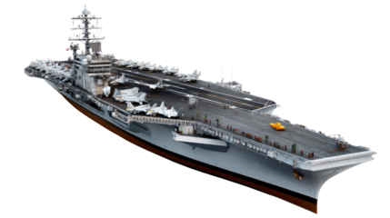 Aircraft Carrier: An impressive aircraft carrier cuts through the open sea, showcasing the might and technology. Its sleek design and massive size represent power and mobility. 