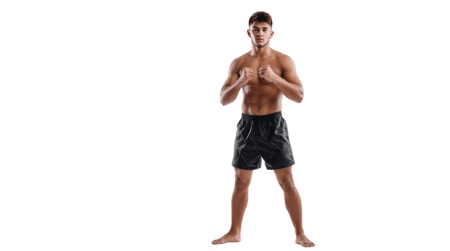 Combat Ready: A muscular athletic male stands in a fighting stance, embodying strength, readiness, and the discipline of martial arts.