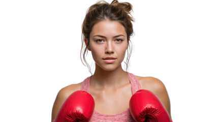 Champion's Stance: A determined woman, clad in boxing gloves, radiates confidence and strength, embodying the spirit of a true champion.