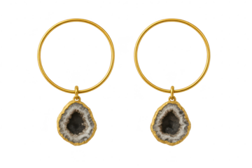 Elegant gold hoop earrings with geode pendants isolated on transparent background