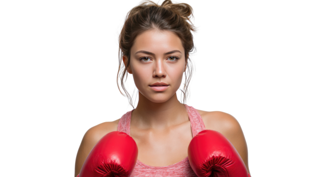 Champion's Stance: A determined woman, clad in boxing gloves, radiates confidence and strength, embodying the spirit of a true champion.